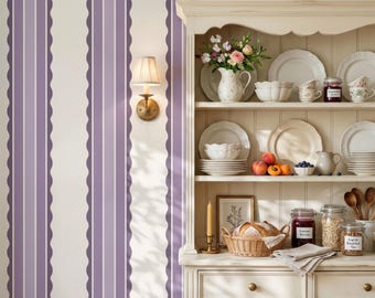 Ivory Purple Scalloped Stripe Wallpaper, Farmhouse Cottage Style Peel & Stick