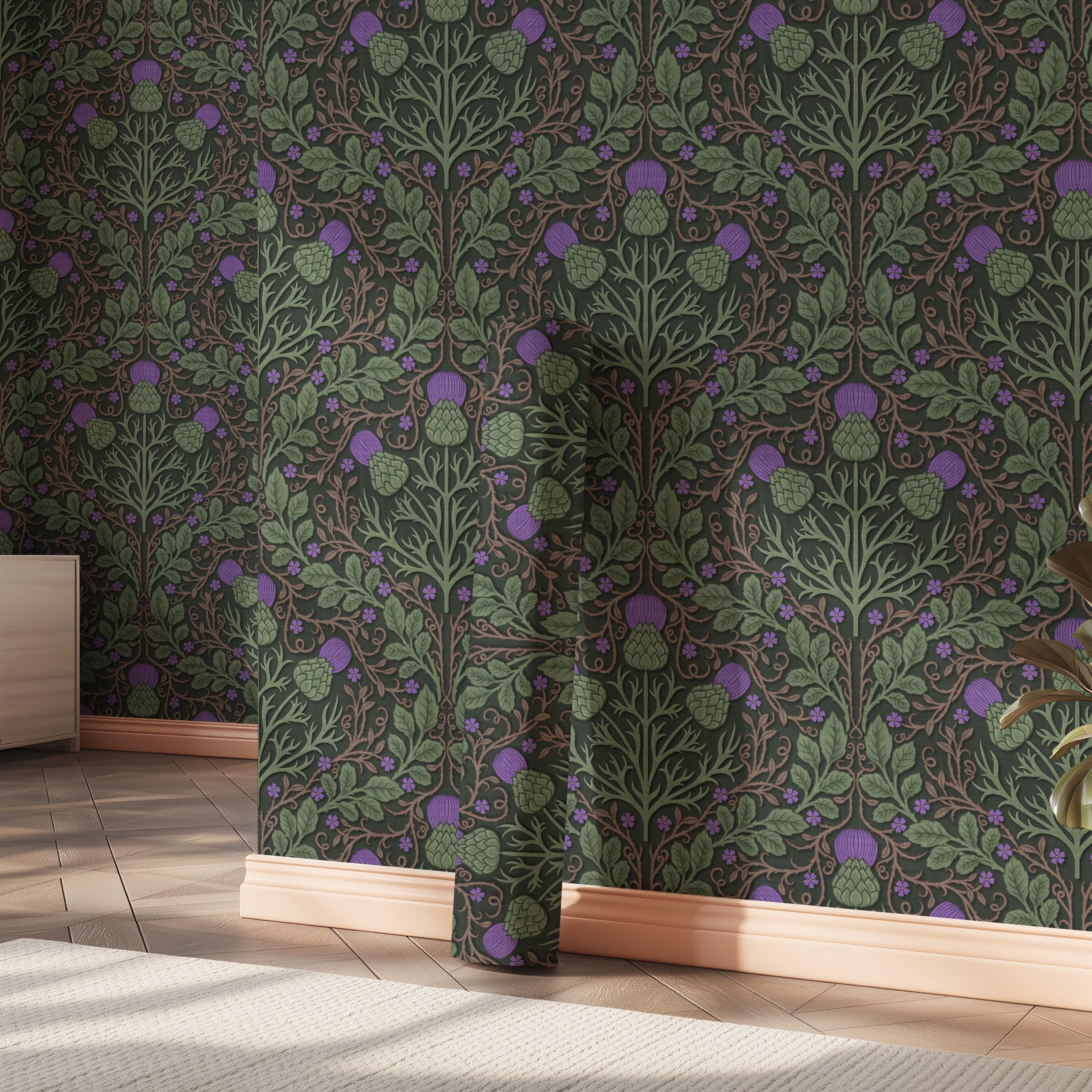 Dark Cottagecore Thistle Wallpaper, Witchy Botanical Wall Decor, Peel ...