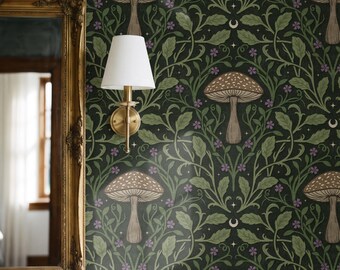 Vintage Woodland Mushroom & Vine Wallpaper, Dark Cottagecore Botanical, Forest Fungi Wall Covering