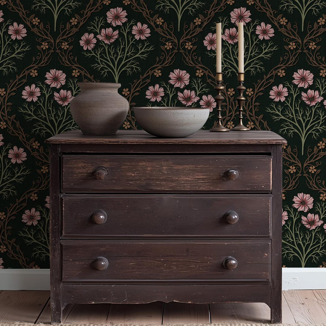 Dark Cottagecore Wildflowers Wallpaper, Moody Botanical Wall Mural ...