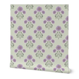 May include: Wallpaper featuring a repeating pattern of purple flowers with green leaves and stems arranged in vertical columns. The background consists of thin, light green and white vertical stripes that run throughout the entire design.