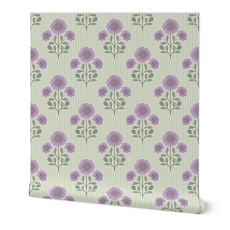 May include: Wallpaper featuring a repeating pattern of purple flowers with green leaves and stems arranged in vertical columns. The background consists of thin, light green and white vertical stripes that run throughout the entire design.
