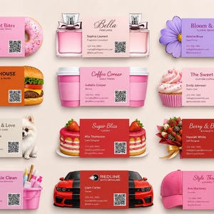 May include: A collection of business cards with various themes, including food, beauty, and pet care. The cards feature images of donuts, perfume bottles, burgers, cupcakes, dogs, cakes, bouquets, cleaning supplies, a car, and a hat.