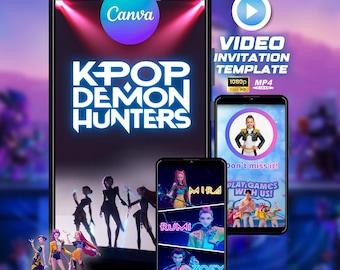 K-Pop Demon Hunters Birthday Video Invitation: Huntrix & Saja Boys • Animated Digital Phone Invitation • Editable in Canva