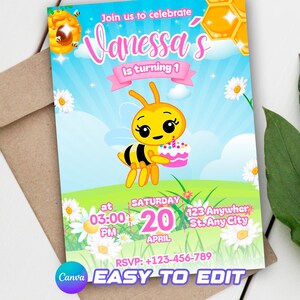 May include: A colorful birthday invitation featuring a cartoon bee holding a cake. The invitation reads "Join us to celebrate Vanessa's is turning 1" with event details. The design includes daisies, a blue sky, and the text "Easy to Edit."