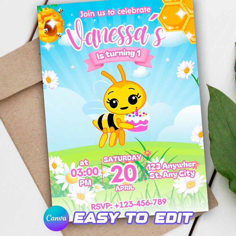 May include: A colorful birthday invitation featuring a cartoon bee holding a cake. The invitation reads "Join us to celebrate Vanessa's is turning 1" with event details. The design includes daisies, a blue sky, and the text "Easy to Edit."