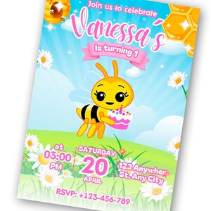 May include: A birthday party invitation with a cartoon bee holding a cake. The invitation says "Join us to celebrate Vanessa is turning 1" with event details. The background is a blue sky with daisies and a green field.