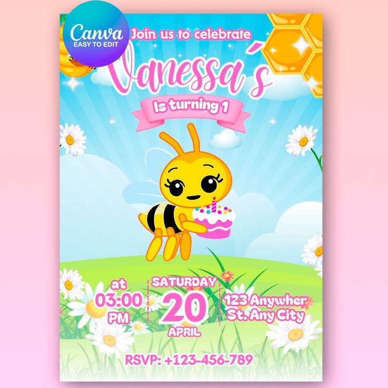 May include: A colorful birthday invitation featuring a cartoon bee holding a cupcake. The invitation reads "Vanessa's is turning 1" with details for the party: Saturday, April 20th at 3:00 PM. The design includes daisies, a blue sky, and the Canva logo.