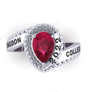 Custom 2022 College Ring with Pear-Cut Pink Gemstone – Personalized Silver Graduation Statement Ring
