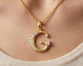 Luxury Letter G Pendant Necklace In Gold With Diamond Accents, Elegant Initial Jewelry Gift For Women, Simple Diamond Pendant Wedding Gift.