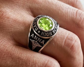 Custom High School Class Ring 2026 with Green Round Stone, Personalized School Ring, Graduation Ring Gift, Birthstone Ring