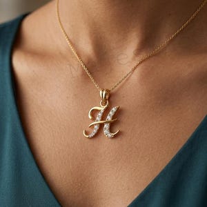 Elegant Letter H Pendant Necklace In Gold With Diamond Accents, Luxury Initial Jewelry Gift For Women, Classic Bridal Gift. image 6