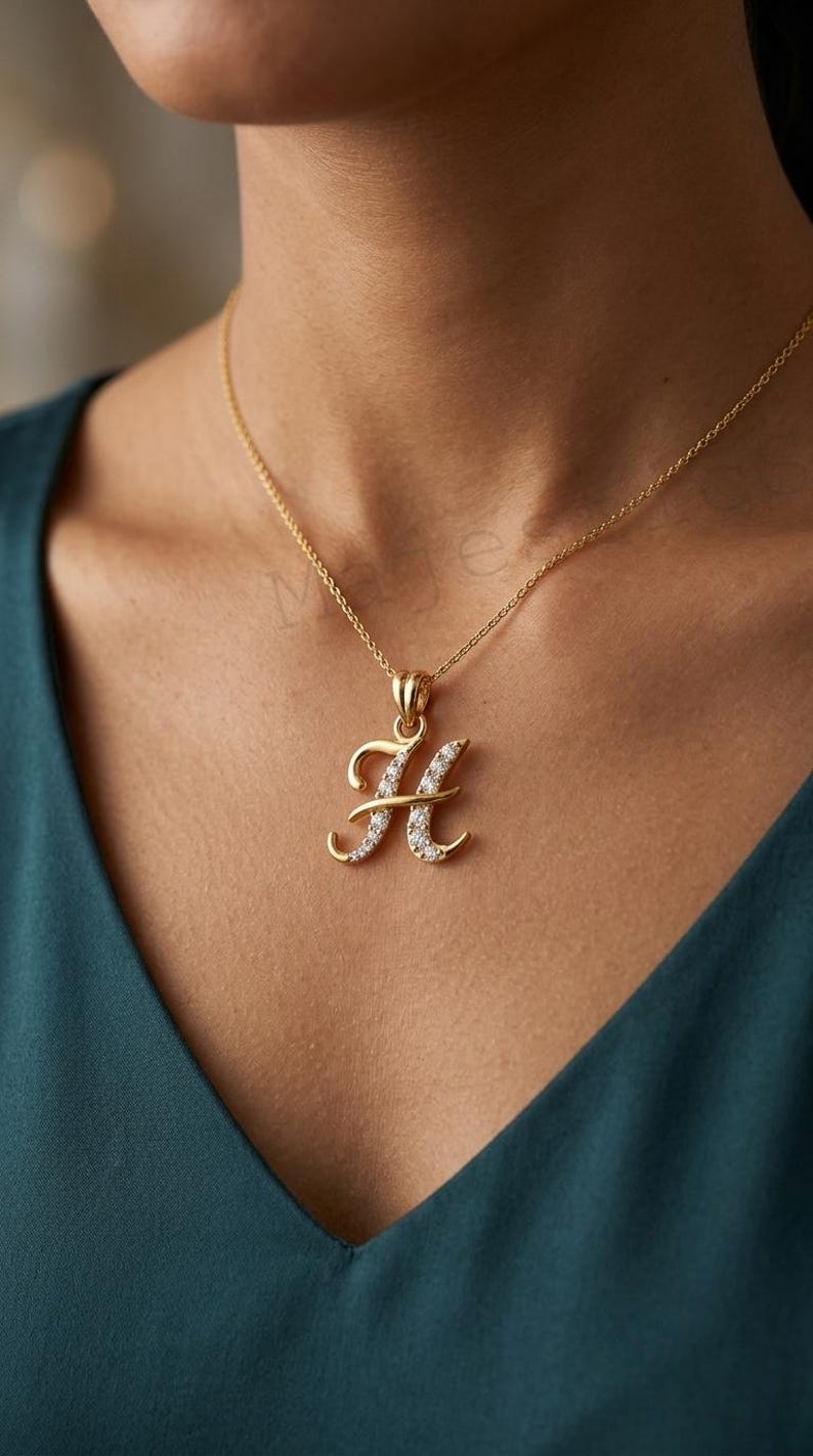 Elegant Letter H Pendant Necklace In Gold With Diamond Accents, Luxury Initial Jewelry Gift For Women, Classic Bridal Gift. image 6