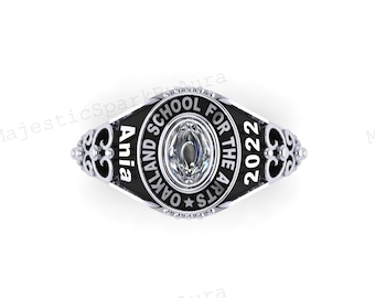 Custom Class Ring • Personalized Graduation Ring, Sterling Silver, Birthstone
