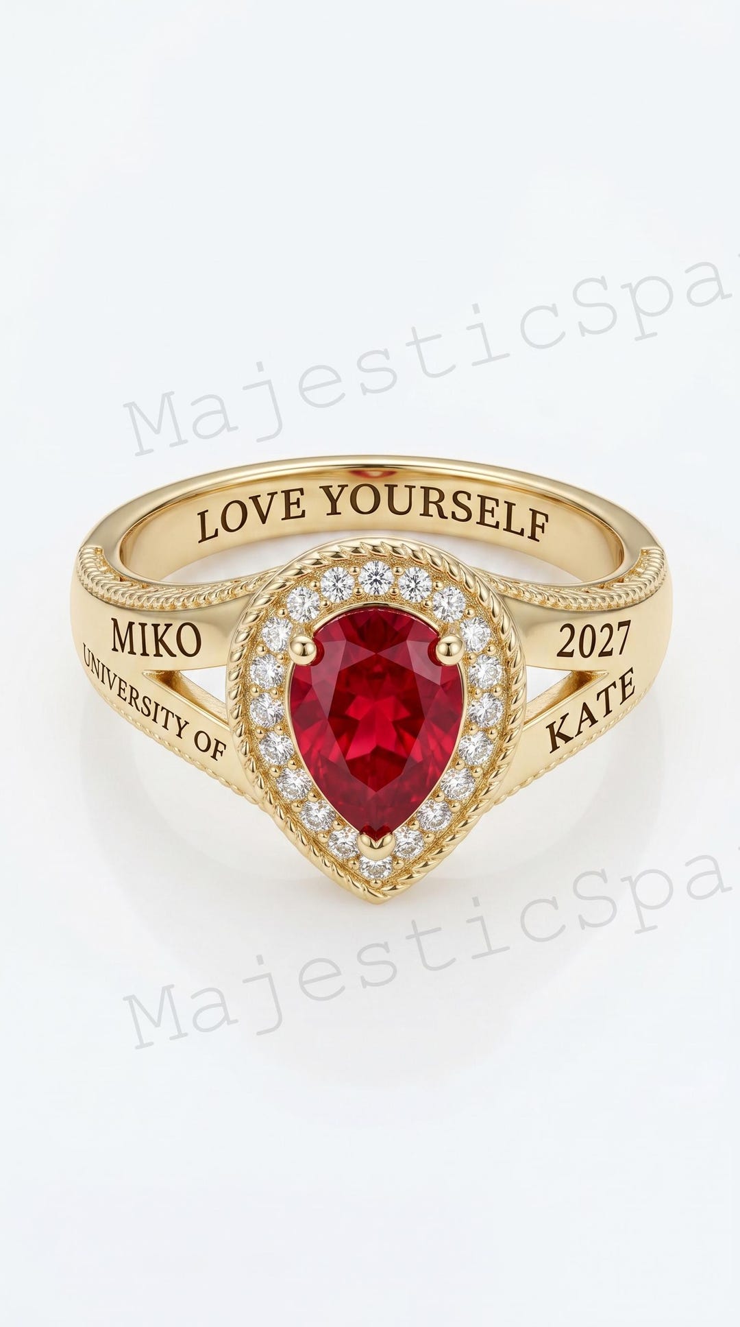 Custom Pear Ruby Graduation Ring 2027, Personalized Gold Halo ...