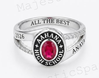Gepersonaliseerde middelbare schoolklasse ring met rode ovale edelsteen in zilver | Aangepaste afstudeerring, afstudeercadeaus voor dochter.