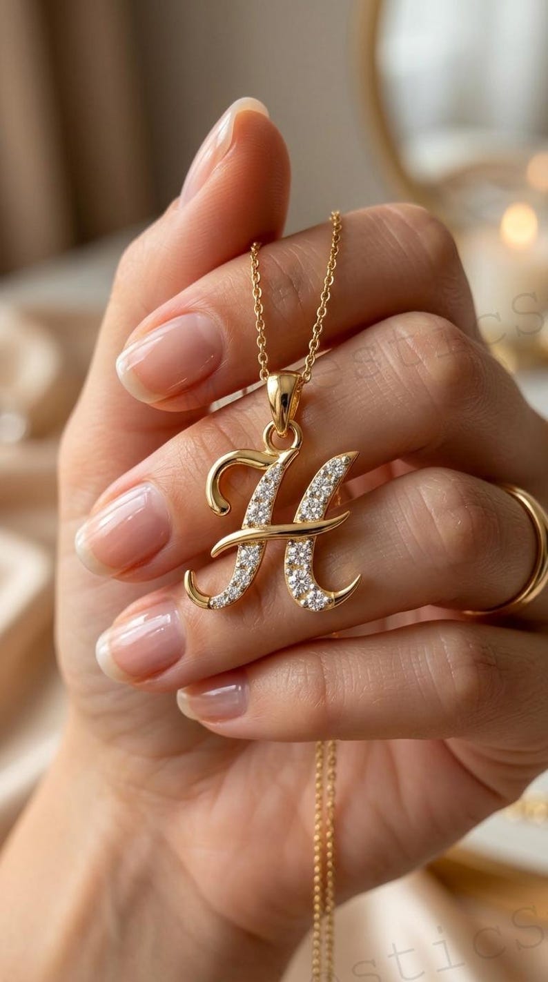 May include: A gold-toned necklace featuring a cursive letter H pendant. The pendant is embellished with small, clear, sparkling stones set along the surface of the letter. The necklace includes a delicate gold-toned chain with a standard link design.