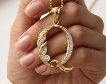 Diamond Letter Q Pendant Necklace In 14K Yellow Gold, Elegant Initial Necklace, Minimalist Alphabet Charm, Birthday Gift For Women
