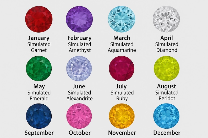 May include: A chart of twelve round faceted simulated birthstones arranged in three rows. Each stone is labelled with its corresponding month and gemstone name, including January Garnet, February Amethyst, March Aquamarine, April Diamond, May Emerald, June Alexandrite, July Ruby, August Peridot, September, October, November, and December.