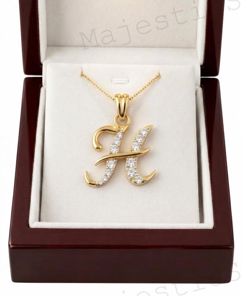 Elegant Letter H Pendant Necklace In Gold With Diamond Accents, Luxury Initial Jewelry Gift For Women, Classic Bridal Gift. image 7