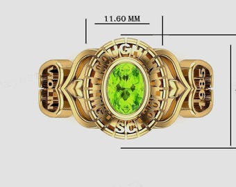 Green Oval Cut Graduation Ring, Personalized School Ring With Heart Details, Custom Gold High School Class Ring