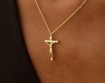 14K Gold Crucifix Necklace Christian Jewelry Gift for Women & Men Silver and Rose