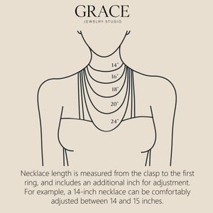 May include: Diagram showing necklace lengths from 35.5 cm to 61 cm around a stylized neck and shoulders. The image includes the text "GRACE JEWELRY STUDIO" and explains how to measure necklace length, with an additional 2.5 cm for adjustment.