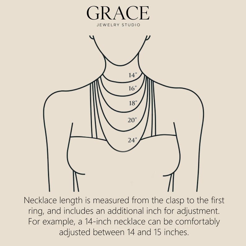 May include: Diagram showing necklace lengths from 35.5 cm to 61 cm around a stylized neck and shoulders. The image includes the text "GRACE JEWELRY STUDIO" and explains how to measure necklace length, with an additional 2.5 cm for adjustment.