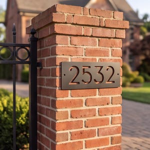 May include: A rectangular matte black metal house number plaque featuring the laser-cut digits 2532. The plaque is mounted horizontally onto a red brick pillar and includes two small circular screw holes on the left and right sides for installation.