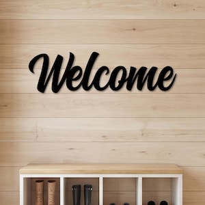 Decorazione in metallo con scritta "Welcome", scritta "Montana" in corsivo, decorazione murale in metallo, arredamento rustico, insegna in metallo "Welcome" per interni ed esterni