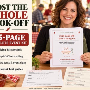 Può includere: Un kit per eventi di 25 pagine per una gara di chili con documenti stampati, tra cui un kit per l'ospite e per le votazioni, schede di valutazione e un foglio riassuntivo. Il testo riporta Host the Whole Cook-Off, Chili Cook-Off Host & Voting Kit.