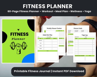 Printable Health and Fitness Planner Bundle, Fitness Journal, Diet, Workout Trackers, Meal planner, Running Log, Workout Fitness Journal