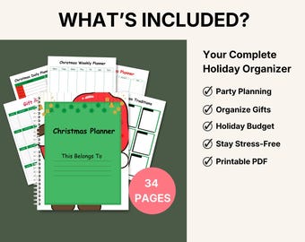 Planificador navideño imprimible / Presupuesto para las fiestas, lista de regalos (PDF, JPG, PNG)