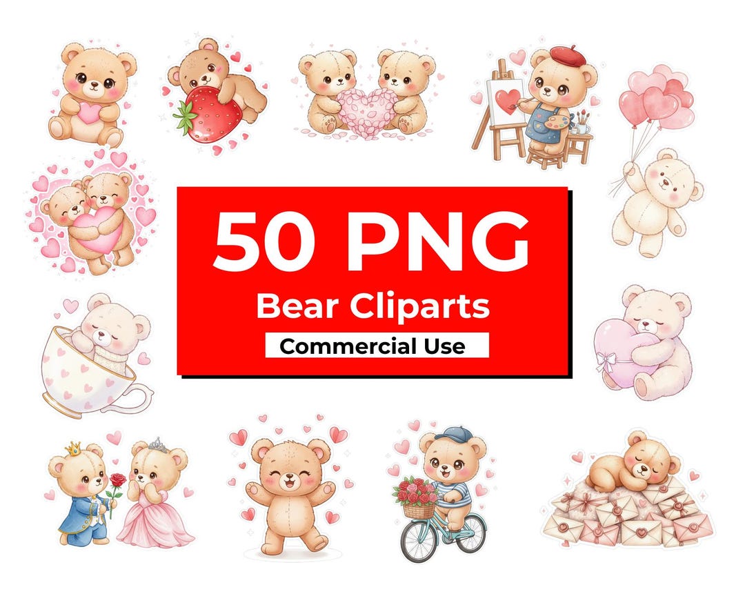 Watercolor Bear Clipart Bundle – Valentine Teddy Pngs (commercial Use ...