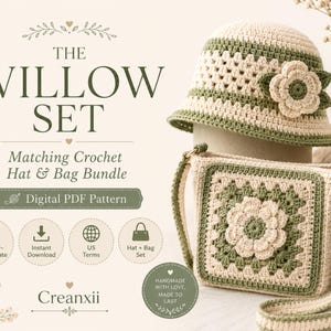 Set met bijpassende haakpatronen voor een hoed en tas, inclusief een patroon voor een bucket hat en een schoudertas (PDF), en een gehaakte bloemenset (digitale download).