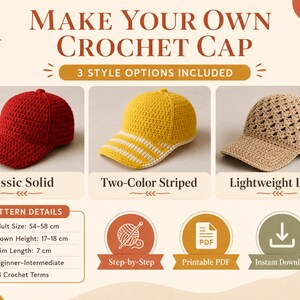 May include: A digital pattern for a crochet cap featuring three styles: a solid red cap, a yellow and white striped cap, and a beige lace cap. Text includes MAKE YOUR OWN CROCHET CAP, 3 STYLE OPTIONS INCLUDED, and pattern details with 54-58 cm sizing.