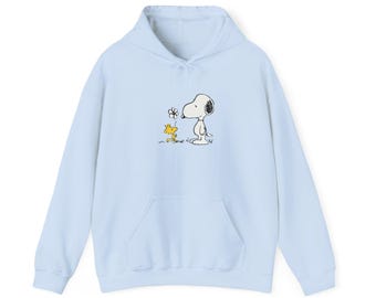 Söt Snoopy & Woodstock-huvtröja | Mjuk, varm och mysig tröja i bomulls- och polyesterblandning | Gildan 18500-huvtröja | Olika färger