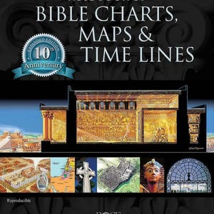 Op de afbeelding: De omslag van een boek getiteld "Rose Book of Bible Charts, Maps & Time Lines". De afbeelding toont illustraties van oude architectuur en kaarten, met witte tekst. Een banner leest "10th Anniversary".