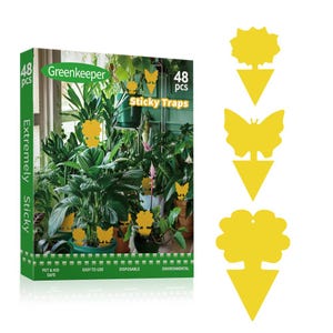 以下が含まれることがあります： 「Greenkeeper」ブランドの植物用粘着トラップ48個入り。 緑と白の箱には「Extremely Sticky」の文字。 黄色のトラップは蝶や花の形で、害虫を捕獲するように設計されています。