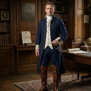 May include: A man in a navy blue coat with gold buttons, a cream-colored vest, and matching breeches. He wears brown leather boots and holds a sword. The setting is a wood-paneled room with bookshelves and a desk, suggesting a historical or period costume.
