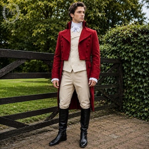 Rode regenjasset – historische herenkostuum | Regency Slipjas, gilet en rijbroek | Bridgerton-outfit