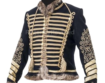 Royal Black Hussar Jacket for Men | Military Band Jacket | Gold Braided Wool Coat