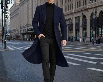 Lange marineblauwe jas heren | Wollen winterjas voor heren | Jas tot op de knie