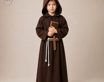 Tunica medievale da frate con cappuccio marrone / Costume di Halloween per bambini / Abito per la recita della Natività / Tunica da monaco per cosplay