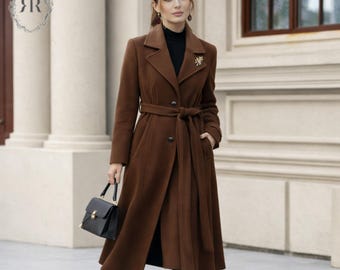 Chocoladebruine wollen jas voor dames | Lange winterbovenkleding met riem | Elegante midi-trenchcoat