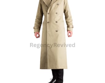 Gabardina larga cruzada de lana para hombre / Abrigo beige clásico / Abrigo formal estilo detective