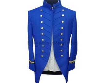 Koningsblauwe militaire slipjas |Regency-officiersjas | Vintage kostuum met gouden knopen | Cosplay-uniform