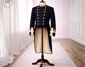 Volledig donkerblauwe commandant staartjas uit begin 20e eeuw – handgemaakte jas in militaire stijl