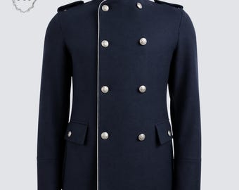 Sisley militaire jas met mandarijnkraag marineblauw | Double-breasted wollen tuniekjas