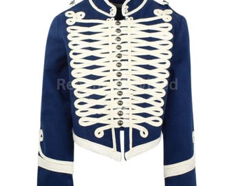 Blauw militair huzarenjack | Witte gevlochten jas | Marchingband-cosplayjack | Retro uniforme stijl